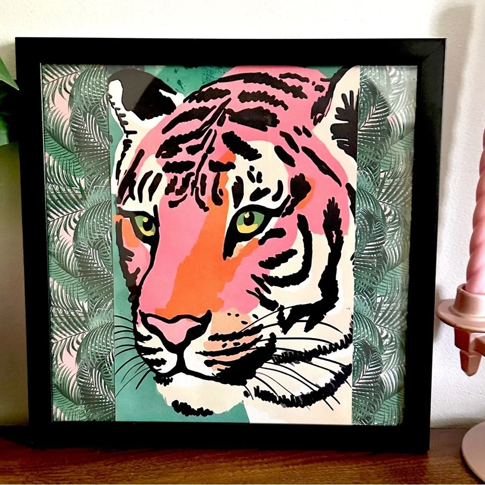 Vibrant Tiger Art Canvas Print Black Framed Palm Leaf Pink Green Wall Art 13x13”